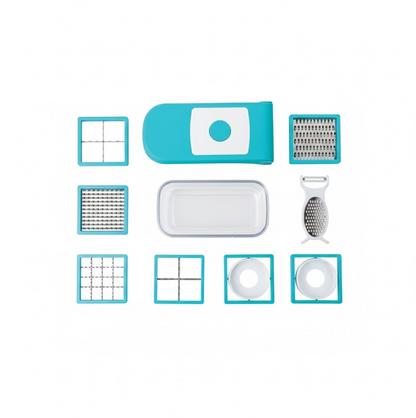 Various blade attachments and accessories included with the Ganesh Vegetable Dicer.
