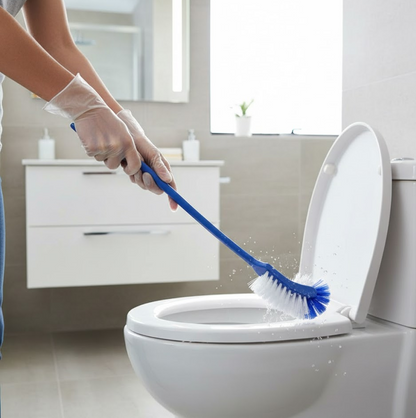 Multicolor hockey stick toilet brush with flexible bristles.