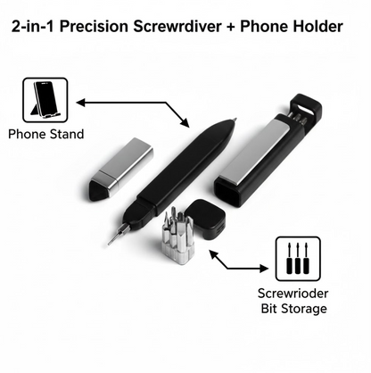 Multi-function pen tool demonstrating its use as a phone stand and the hidden screwdriver bits.
