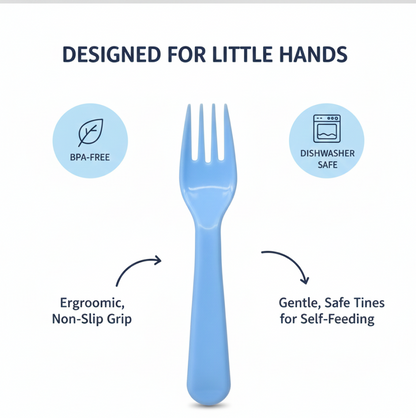 The set of five reusable plastic forks displayed against a neutral background for clear product visibility.