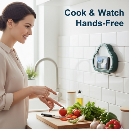 Person watching video on smartphone in shower using the wall mount mobile case.