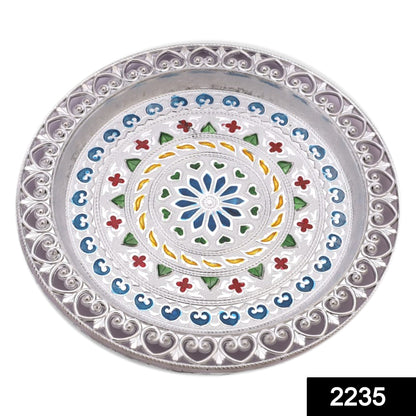 Silver plated pooja thali with a subtle design, enhancing your festive rituals.