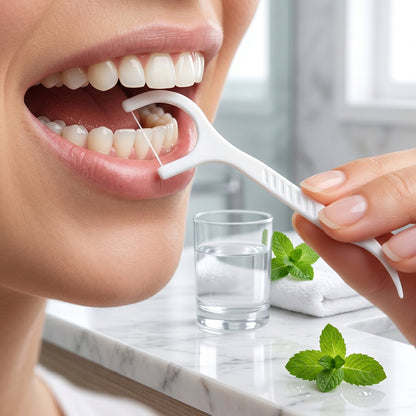 Dental flosser sticks removing food particles from teeth