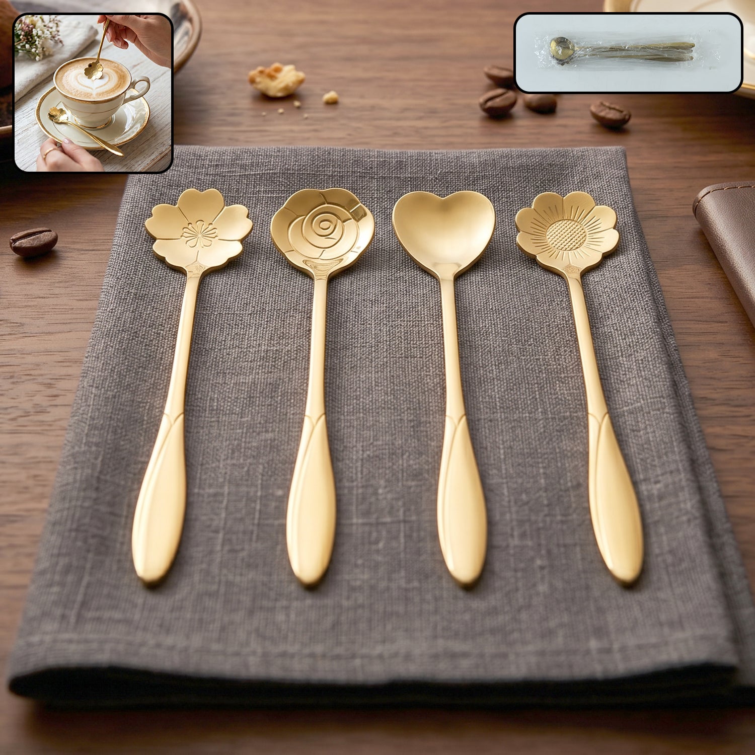 Mini golden serving spoon set 4pcs with stainless steel finish