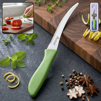Steel kitchen knife with curved plastic handle for precise slicing