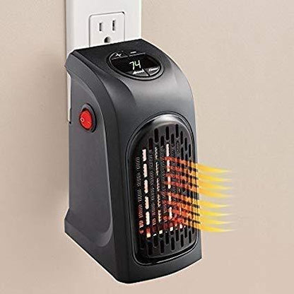 Space-saving 400W electric plug-in heater with clear digital temperature control.