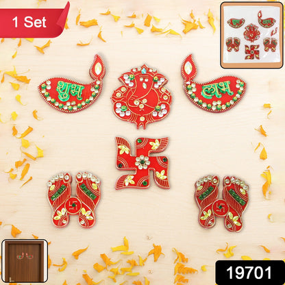 Vibrantly colored six-piece Shubh Labh door hanging set ready for festival decor