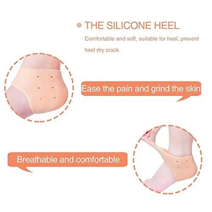 An individual wearing a silicone gel heel sock for effective heel repair and hydration.