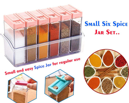 Detailed close-up of the multicolour plastic spice jars.