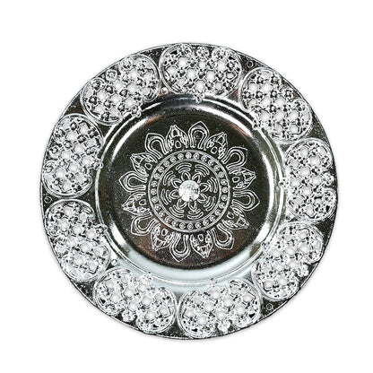 Decorative silver-color Aarti Thali, perfect for daily prayers.