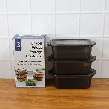 Complete three-piece set of BPA-free rectangular food storage containers.