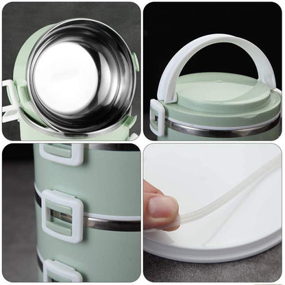 Top-down view of the multi-layer stainless steel tiffin box, ready for packing.