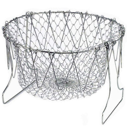 The sturdy stainless steel chef basket folded flat for convenient storage in a drawer.