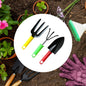 Colorful 3-piece garden tool set with trowel, cultivator, and fork.