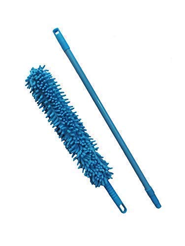 The soft microfiber head of the fan duster attracting dust from a surface.