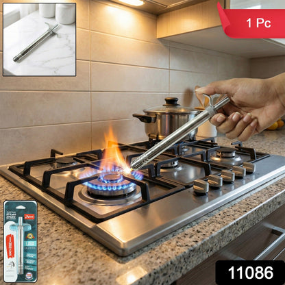 Close-up view of stainless steel gas lighter showing spark mechanism for stove ignition