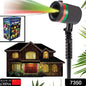Multicolor outdoor laser projector displaying star motion patterns on a house.