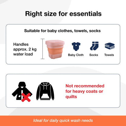 Diagram illustrating the dimensions and key features of the foldable mini washing machine.