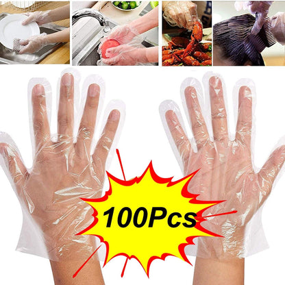 Front view of a sealed pack of 100 transparent disposable gloves from Grow Wear.