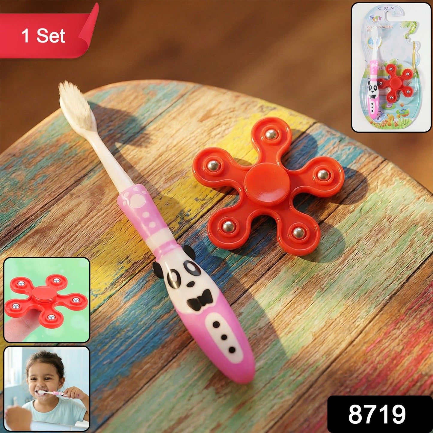 Multiple kids toothbrush and fidget spinner sets displayed
