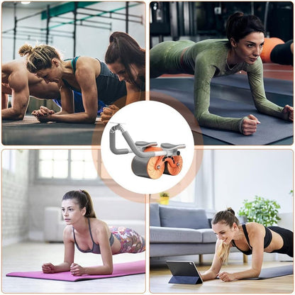 The fitness ab roller with its detachable handles and knee mat holder.