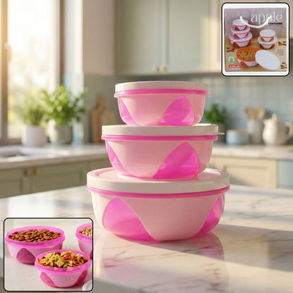 Set of three plastic storage containers with airtight lids in pink and white