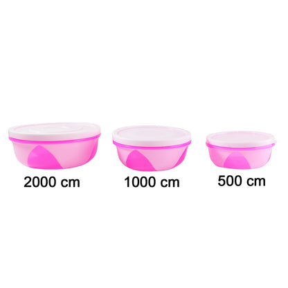 Reusable kitchen storage boxes of multiple sizes in pink and white