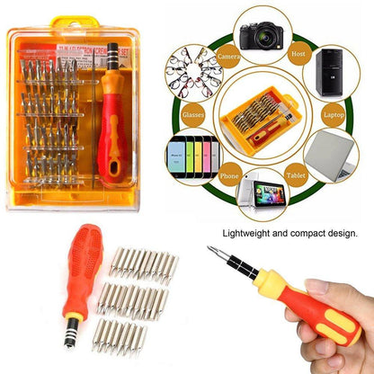 Close-up of the 32 piece magnetic screwdriver set with various bits for electronics repair.