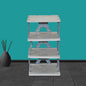Fully assembled 4-layer foldable shoe rack with various shoes for entryway organization.
