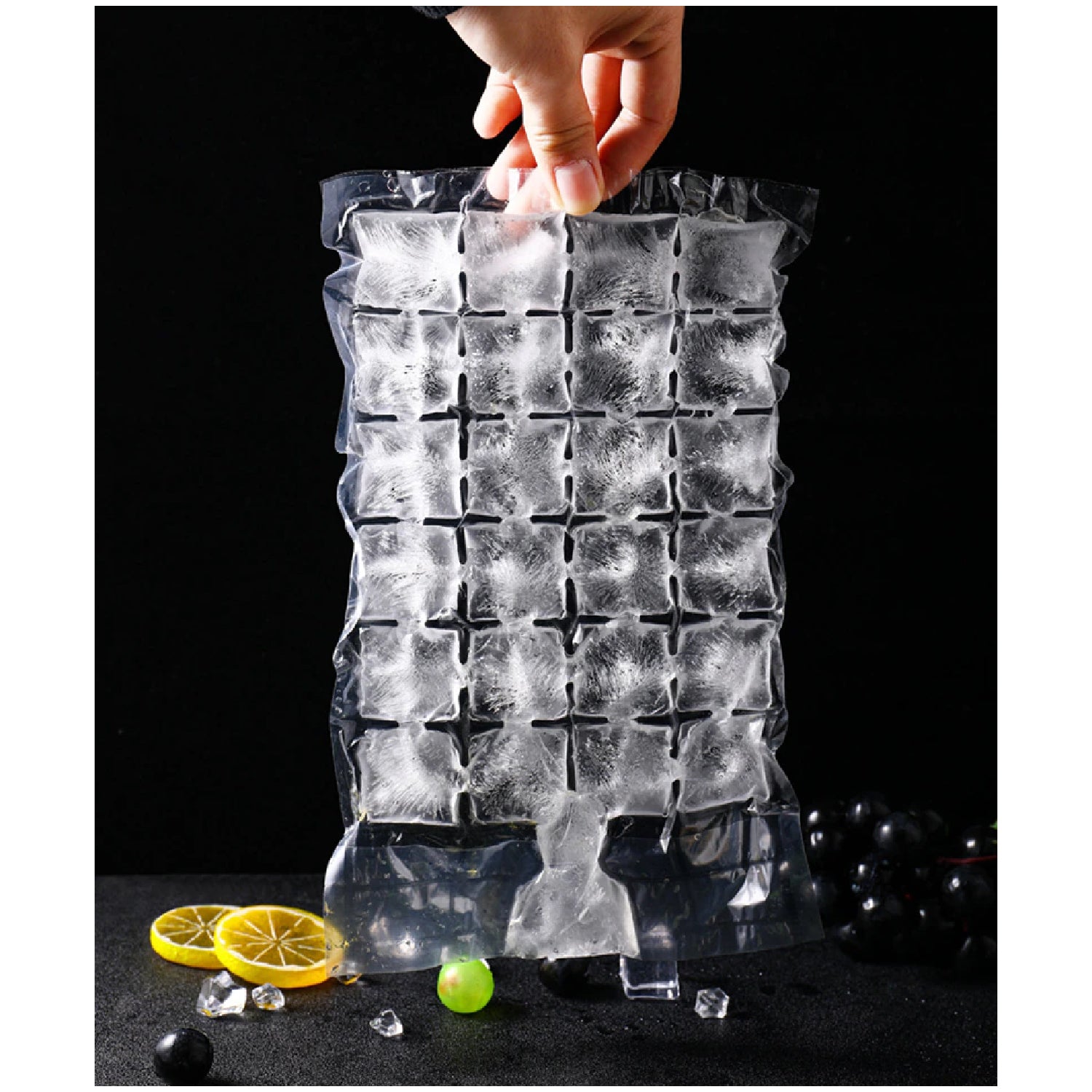 Hand holding a frozen disposable ice cube bag, ready for use.