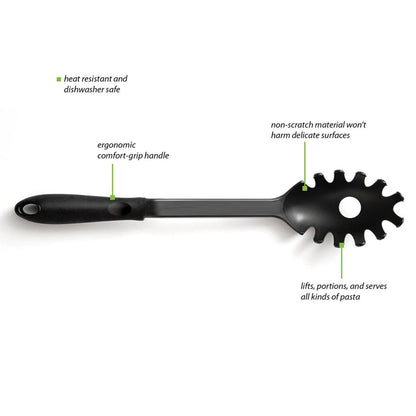Studio shot of a black heat-resistant pasta server, highlighting its durable nylon construction.