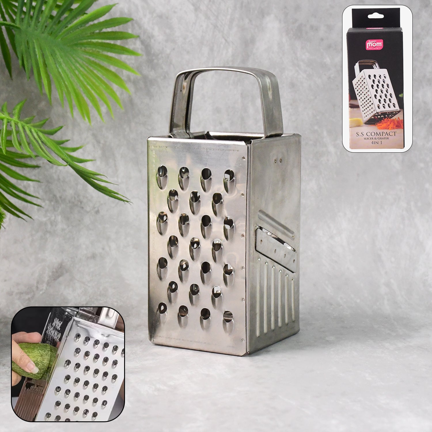 Stainless steel 4-in-1 compact grater and slicer front view showing versatile blades