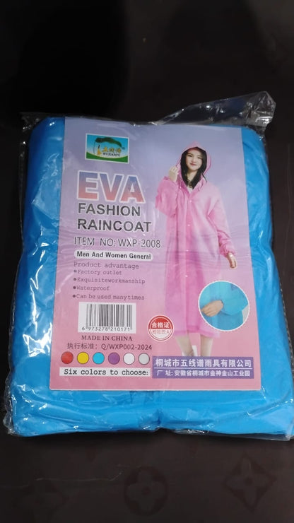 A blue packaged rain jacket with a label showing a woman in a pink version and product details.