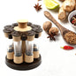 Indo Glow Revolving Spice Rack with 8 transparent jars on a kitchen counter.
