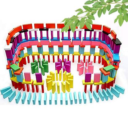Artistic arrangement of 120 Pcs colorful wooden domino blocks on a surface.