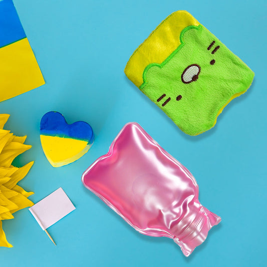 Green Kitty Hot Water Bag with its soft, cute cover for pain relief.