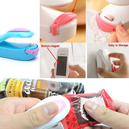 The mini heat sealer creating a secure, transparent seal on a plastic bag.