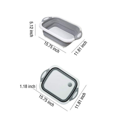 Overview of the versatile foldable chopping board, dish rack, and washing bowl.