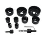Complete 12-piece hole saw kit with various carbon steel bits for wood drilling.