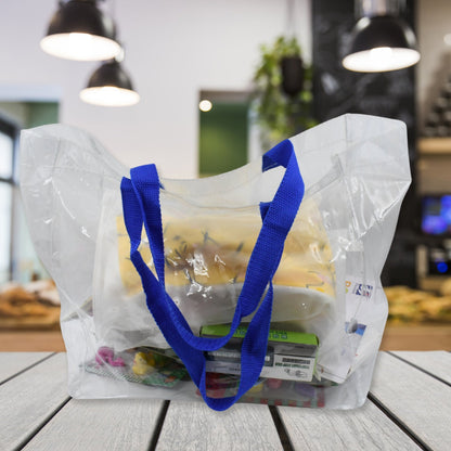 Transparent carry bag with ample space for shopping items.