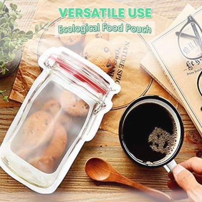Convenient stand-up pouch with zipper closure in a charming jar shape.