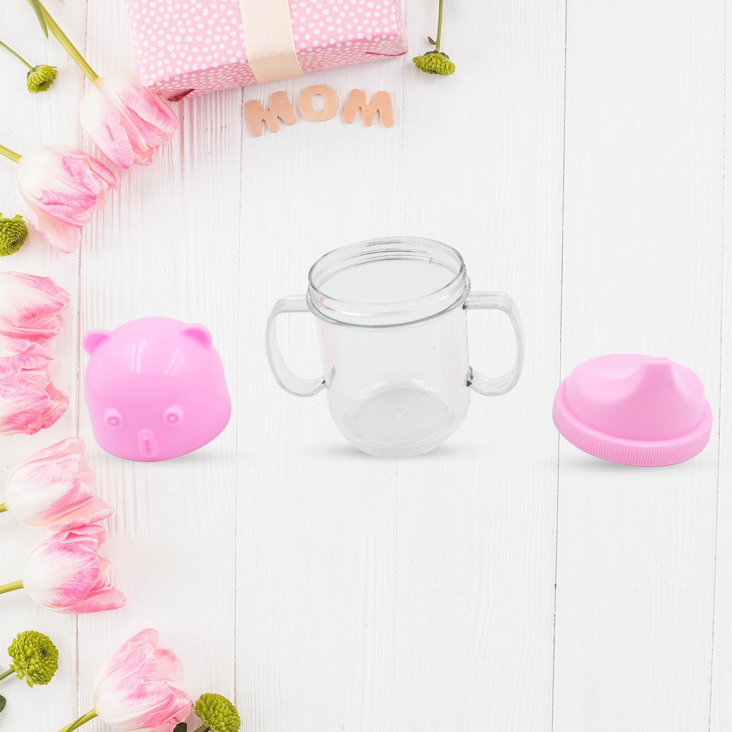 A colourful sippy cup for kids, demonstrating its leakproof and dishwasher-safe qualities.