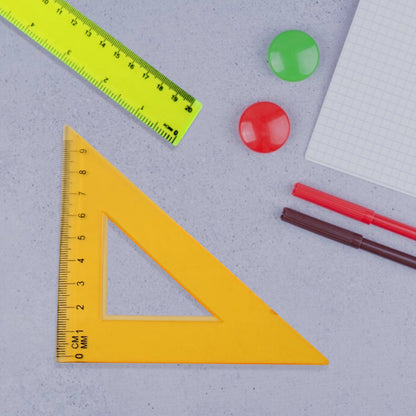 Close-up of clear plastic geometry ruler for student use
