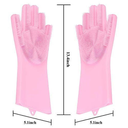 Silicone dishwashing gloves with scrubbing texture, ready for use.