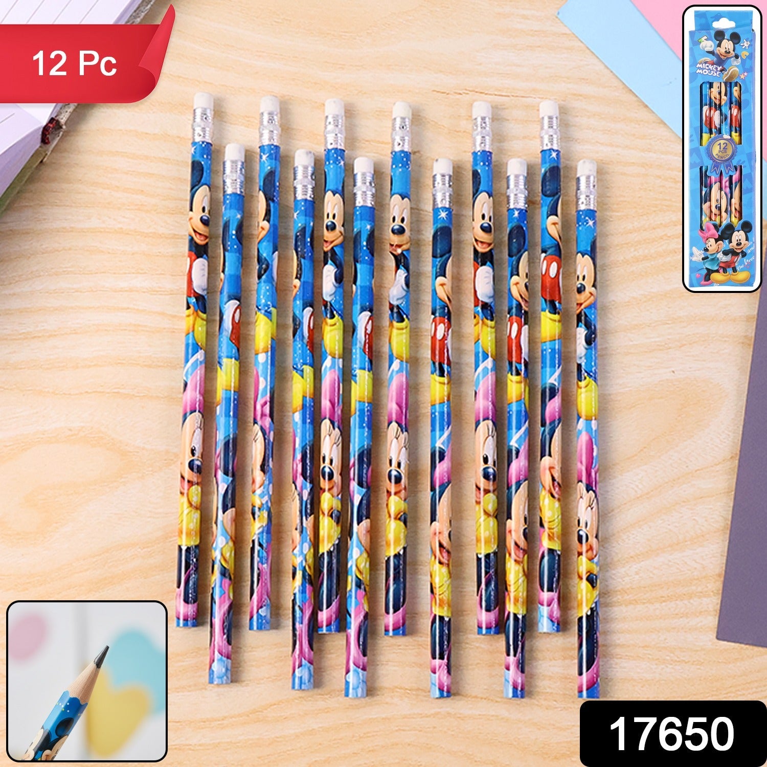 Close-up of cartoon printed pencils featuring various multicolor characters for school use
