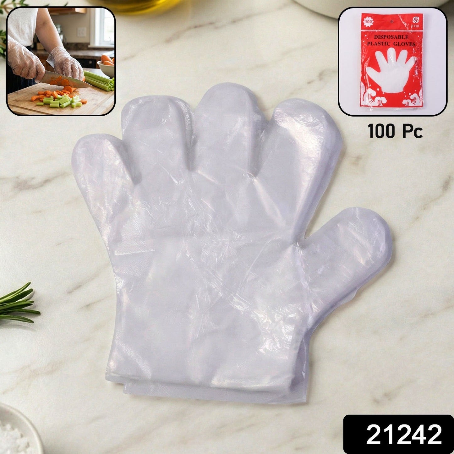 Hands wearing disposable transparent plastic gloves during food handling