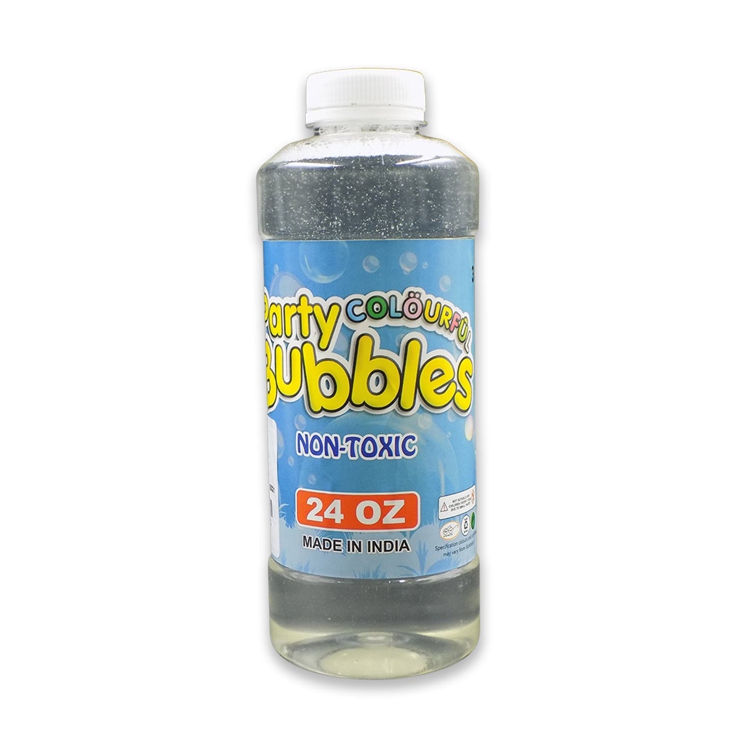 A hand holding the 750ml Bubble Gun Liquid Refill bottle with its blue cap.