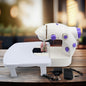 Mini Sewing Machine with extension table, foot pedal, and adapter on a clean surface.