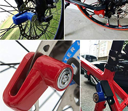 A collage shows a blue wheel security device on a bicycle disc brake, a red one on a motorcycle wheel, and a red one on a