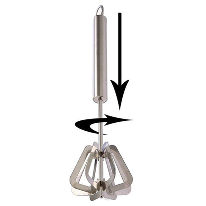 A manual hand blender featuring a sturdy stainless steel body.